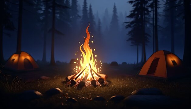 Large campfire glowing beside tents in deep forest night