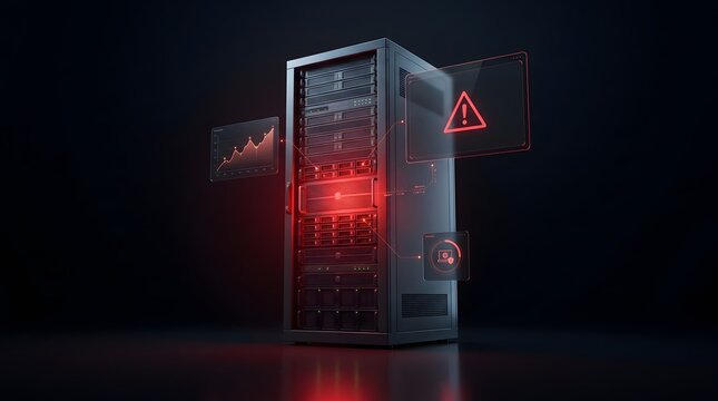 Dark server rack emitting glowing red light with hovering holographic warning interface. Concept of cybersecurity breach, datacenter hardware failure, and critical network alert.