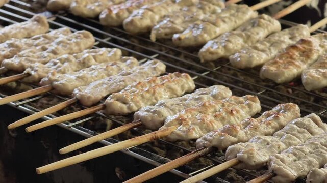 Close-up of freshly grilled Vietnamese pork skewers nem nuong showing textured surface on a charcoal wire mesh grill, 60fps