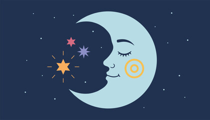 Fototapeta premium Whimsical illustration of a crescent moon with a sleeping face surrounded by colorful stars in a deep blue night sky atmosphere.