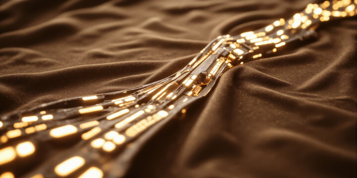 Mocha Surface with Golden Metallic Data Flow A smooth mocha surface adorned with golden metallic data flows, symbolizing seamless communication