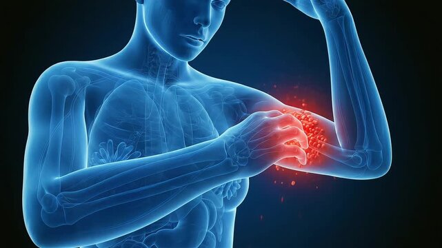 A medical CG video depicting itching in the upper arm and inflammation around the joint.