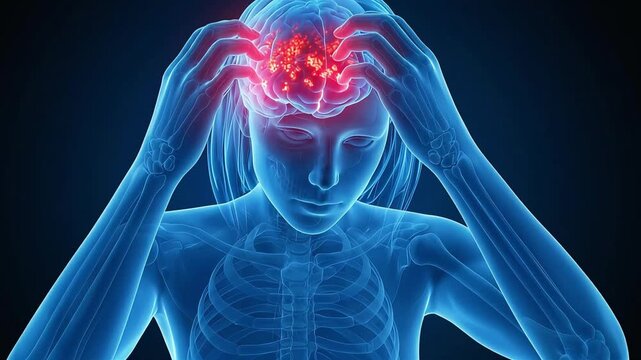 A CG illustration of a woman complaining of headaches, itching, and inflammation of the brain.
