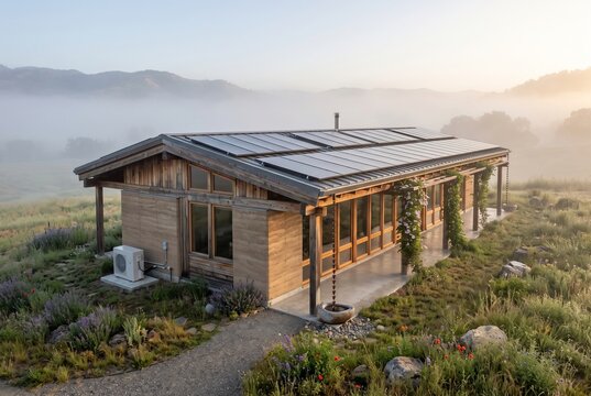 Sustainable house with solar panels and modern green architecture in misty morning landscape