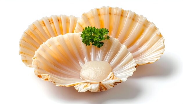Fresh raw white ocean sea scallop medallions presented inside natural fluted seashell halves on white
