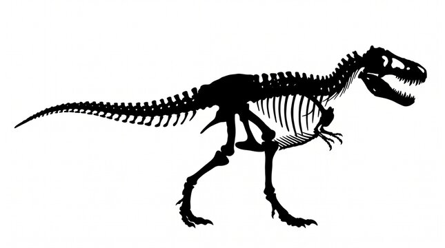 Tyrannosaurus rex dinosaur skeleton silhouette profile isolated on white for history and science educational graphics