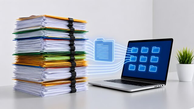 Stack of paper documents transferring into a laptop screen digitally. Concept of paperless office, data archiving, and file management system.