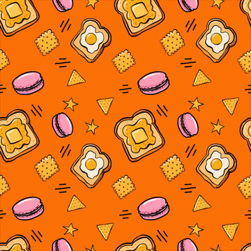 Cheerful breakfast pattern with toast, eggs, macarons and crackers on a vivid orange background, featuring playful hand-drawn food motifs for fabric, stationery and packaging.