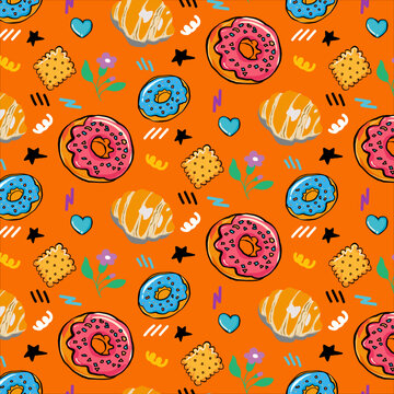 Playful donut pattern with pink and blue pastries, crackers, cream desserts, hearts and flowers on orange, creating colorful hand-drawn artwork for fabric, stationery and packaging.