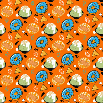 Vibrant dessert pattern with donuts, bingsu, and crackers on orange, combining blue pastries, green frosting, and playful hand-drawn motifs for cheerful surface design.
