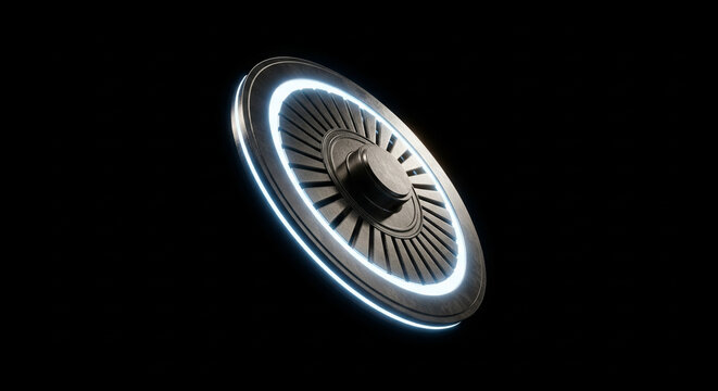 Futuristic sci-fi metallic circular turbine with glowing blue neon light on black background