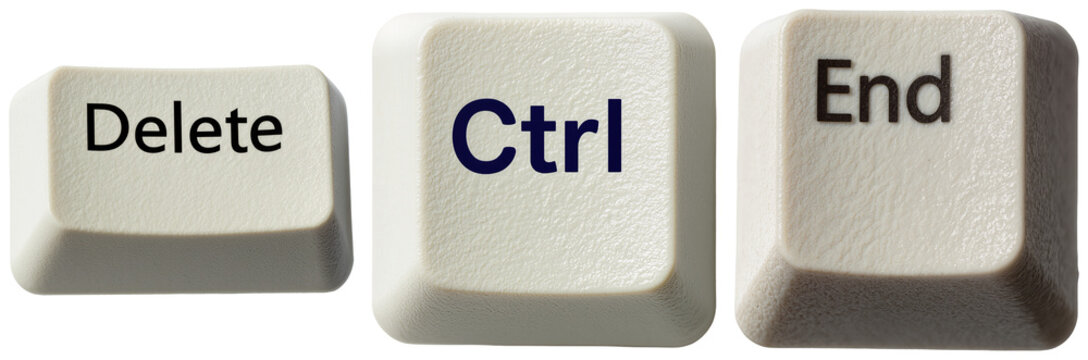 Three computer keyboard keys: Delete, Ctrl, and End, isolated on a white background.