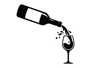 Obraz premium Minimalist wine bottle pouring into glass vector icon. Black silhouette of wine service. Elegant winery and sommelier beverage graphic.