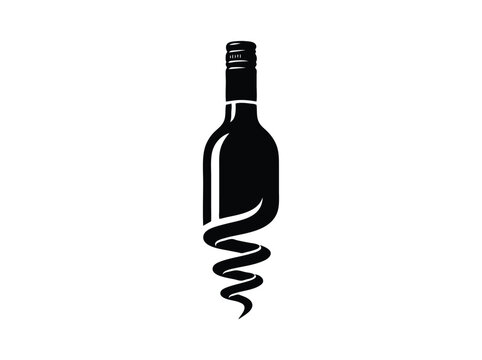 Minimalist wine bottle logo with corkscrew spiral, black silhouette wine icon, modern winery branding vector for bar or restaurant
