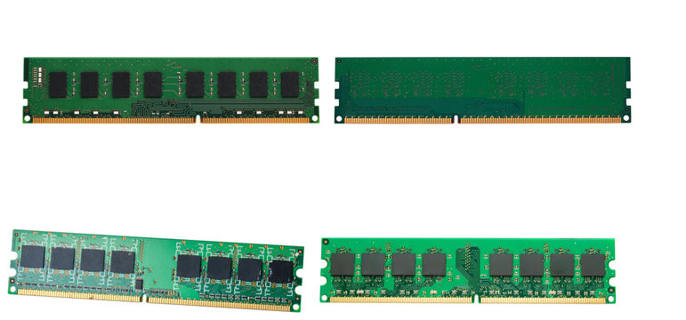 Four computer RAM modules on a white background