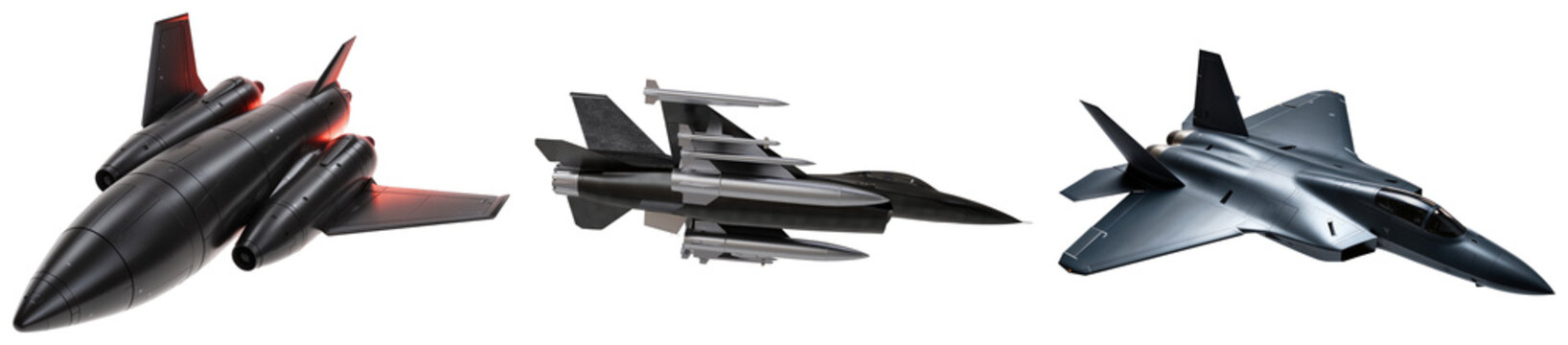 Three different types of military aircraft, including a stealth bomber, a fighter jet with missiles, and a modern fighter jet, isolated on a white background.