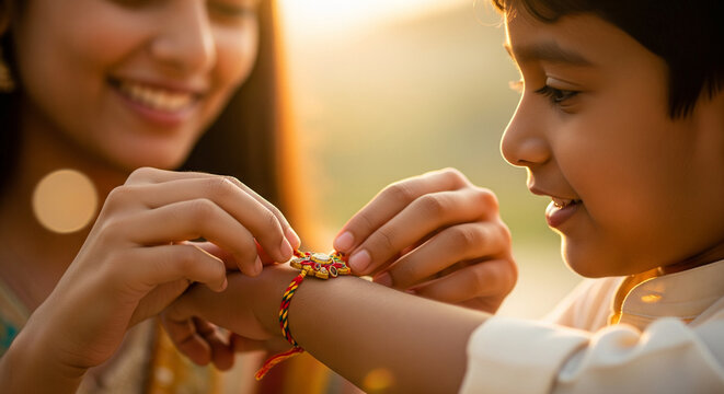 Close up of a sister tying a decorative rakhi on her little brother's wrist during Raksha Bandhan festival celebration