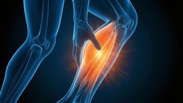 A CG illustration of the human body showing calf muscle pain and cramps.