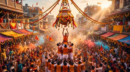Naklejka premium Dahi handi celebration with human pyramid breaking pot indian janmashtami festival