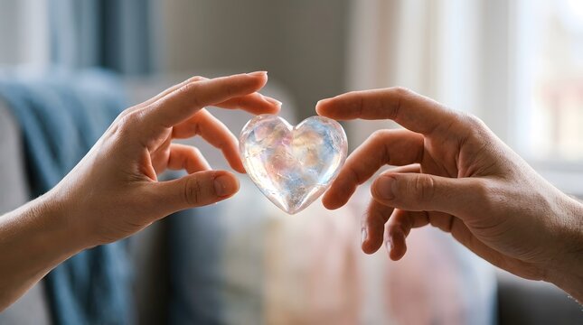 Two hands reaching for a sparkling crystal heart symbolizing love and connection