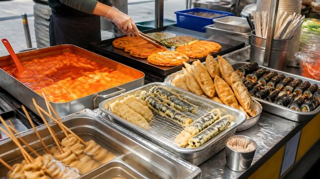 Korean street market stall with tteokbokki, fish cake skewers odeng, fried gimmari and kimbap rolls