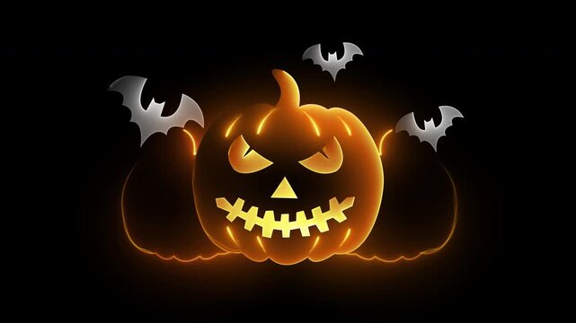 Halloween pumpkin orange neon with bats on transparent background