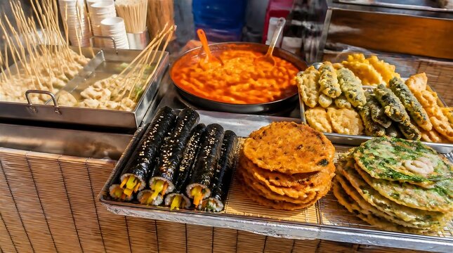 Korean street food stall with tteokbokki, kimbap, kimchi pancakes, fish cake skewers and fried tempura at market