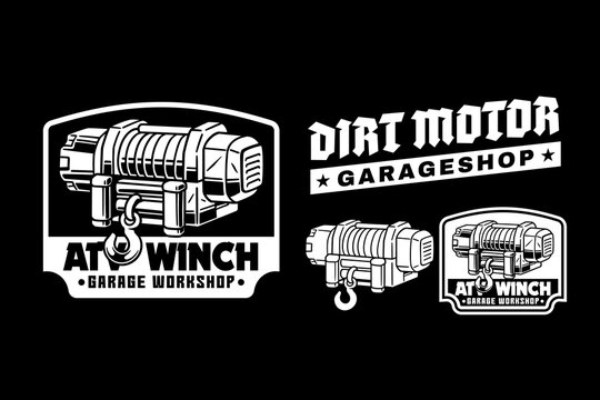 ATV winch with cable drum and hook vintage logo badge vector design. Off road winch for vehicle emblem design