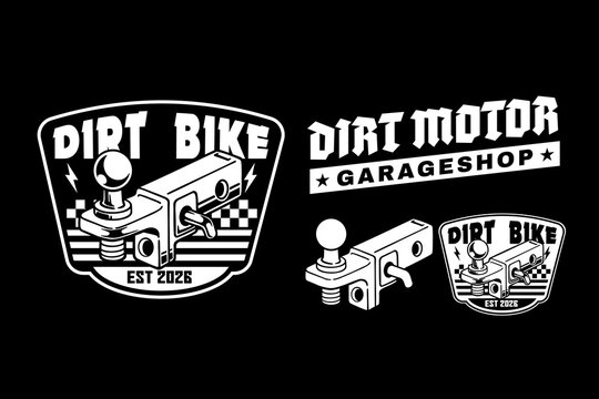Dirt bike trailer hitch with ball mount and receiver vintage logo badge vector design. Trailer coupler for motorcycle emblem design