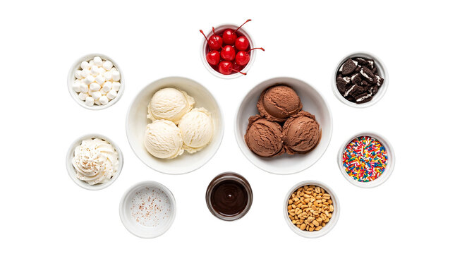 Ice cream sundae bar with vanilla and chocolate scoops, assorted toppings in bowls, overhead view of dessert buffet isolated PNG with Transparent Background