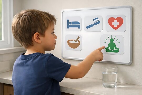 Young Boy Using Visual Schedule for Daily Self Care Routine