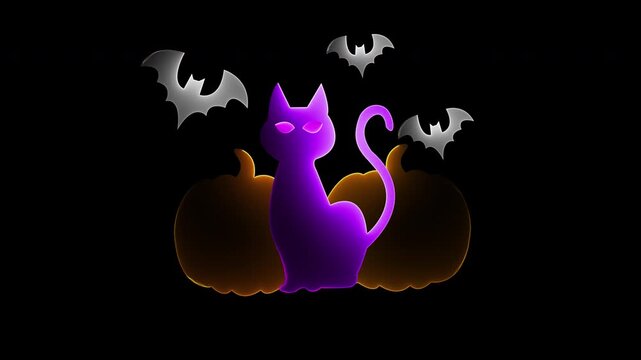 Mystical purple Halloween cat with glowing pumpkins and bat silhouettes animation on transparent background