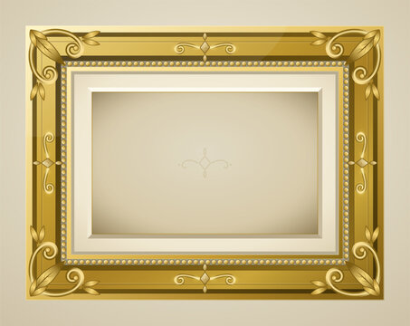 Ornate vintage gold picture frame with decorative botanical corner flourishes and beaded border trim, elegant classic luxury framing with blank copy space, vector illustration.