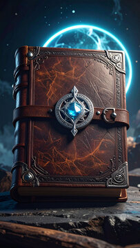 青い宝石と紋章が輝く革装丁の魔法の書物　ファンタジーな世界観と神秘的な光の演出がある古書　ゲームや物語の表紙イメージや神秘的なイベントの告知バナーに活用できる装飾された魔導書の高品質なグラフィック素材