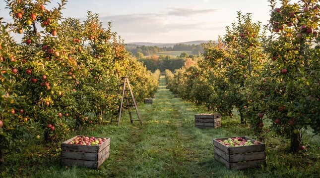Rustic Apple Picking Orchard with Ripe Fruit Trees and Wooden Harvest Crates