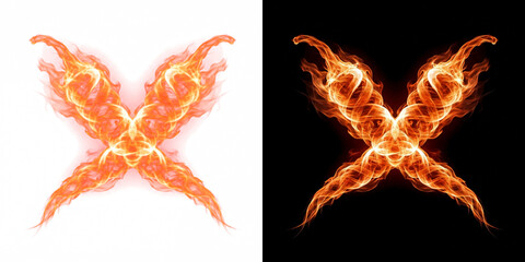 Fototapeta premium Spiraling vortex flame chili pepper pair in crossed arrangement with bright core, burning effect cutout with real transparency
