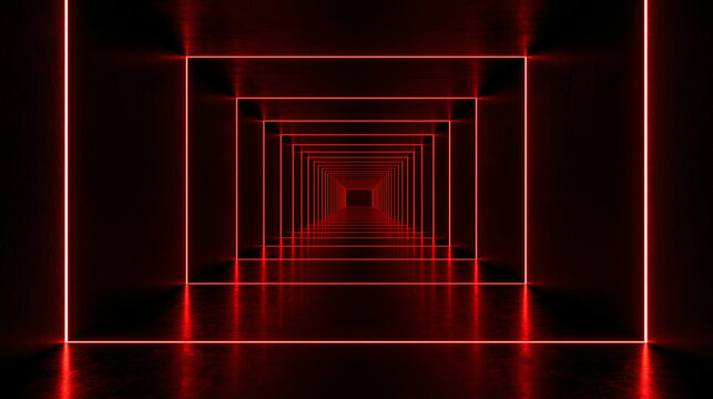 Cinematic wide shot of an infinite minimalist corridor with red infrared laser grid and matte black walls for high security system design concept background