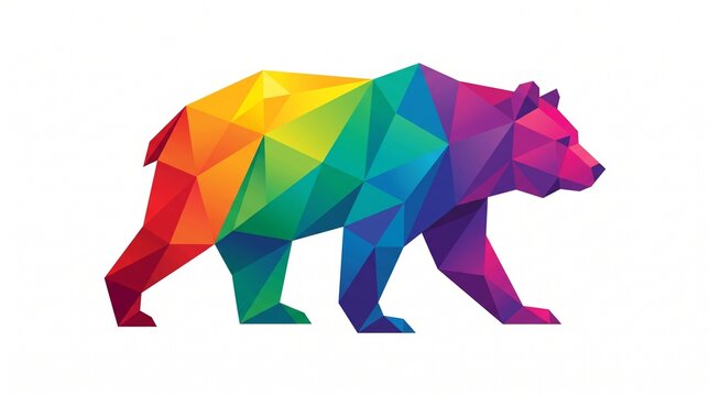 Low poly bear silhouette with rainbow colors for outdoor adventure company branding and creative wildlife art.