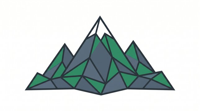 Low poly mountain illustration featuring geometric grey and green triangular shapes for outdoor adventure branding or travel identity.