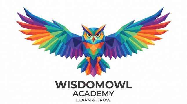 Colorful low poly owl illustration with geometric wings as a creative symbol for educational institutions.