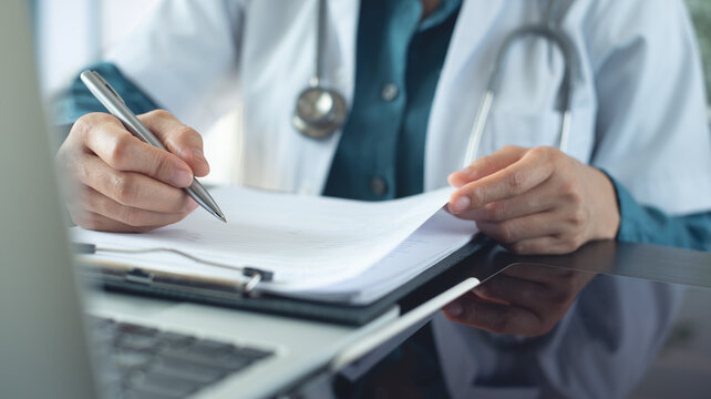 Doctor filling medical records. Doctor working with medical report document clipboard, writing note, prescription. Close up