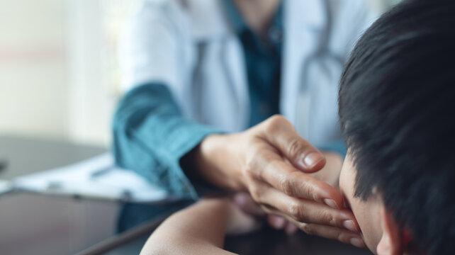 Doctor taking care of little boy patient during health examination in hospital room. Female pediatrist doctor reassuring her young boy patient at medical clinic, closeup