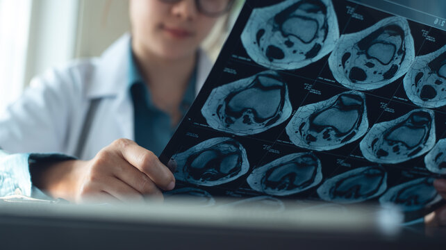 Orthopedist doctor examining knee bone MRI scan film of senior patient at hospital or medical clinic. healthcare and medicine concept.