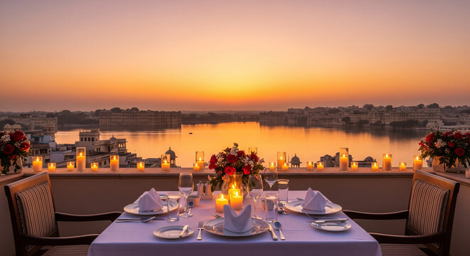 Romantic rooftop dinner for two at sunset overlooking Lake Pichola in Udaipur India