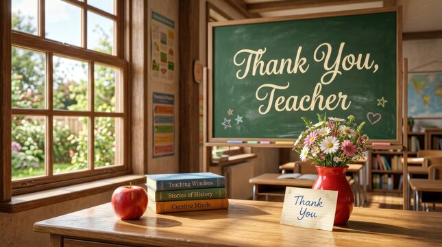 Cozy Classroom Desk with Teachers Day Chalkboard