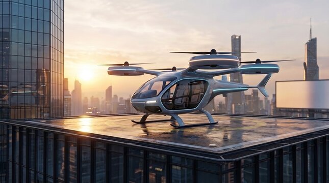 3D Sleek eVTOL Passenger Drone Taxi Landed on Skyscraper Rooftop Helipad at Sunset Blurred City Skyline