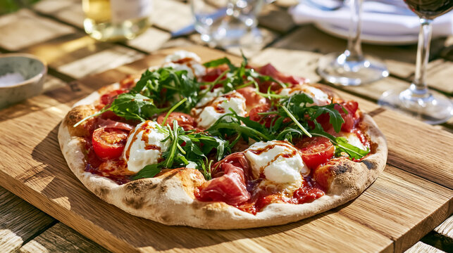 Neapolitan pizza featuring fresh burrata, cured prosciutto, vibrant cherry tomatoes, and peppery arugula, enjoying outdoor dining