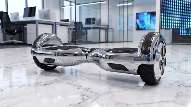 3D High-End Metallic Hoverboard Resting on Polished Marble Floor Blurred Modern Tech Startup Office Background