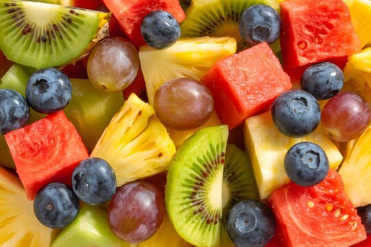 Fresh colorful mixed fruit salad with watermelon cubes kiwi slices blueberries