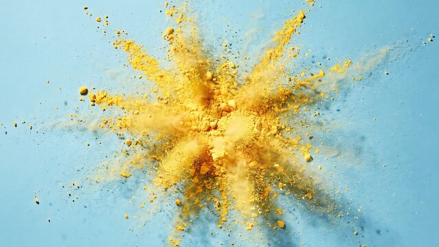 Yellow powder explosion creating a star burst pattern on a blue background with particle
